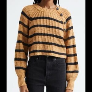 Cinq à Sept Stripe Shaker Stitch Crop Sweater in camel/black.